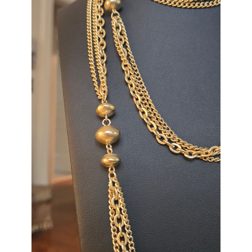 Multi-strand Goldtone Necklace Goldtone Spherical Beads Monet Style Long Vintage - Picture 2 of 4